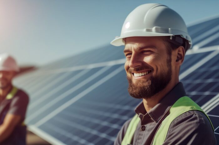 on the roof, a full-body smile engineer checks the operation of the sun and the cleanliness of photovoltaic solar panels, AI Generative